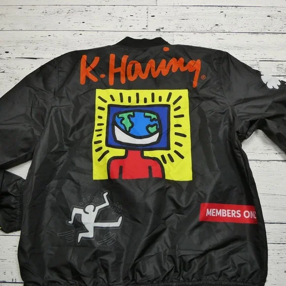 Keith Haring Members Only Jacket Mens Large Black Bomber Full Zip